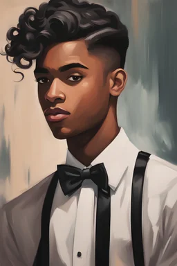 male teen going to prom oil painting retro cartoon style portrait noire