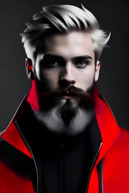 age 27, change background, norwegian, red and black jacket, silver hair color, medium beard