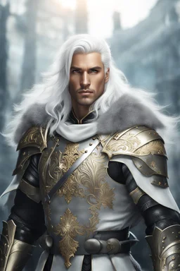 Male Tan Human, White Hair, Handsome Face, Dark Heavy Armour, Black and Gold colour theme