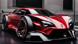 super futuristic sport car, electric, red and black paint, white strypes, big wheels, tuned style, shinning paint, front 3/4 view angle, spoiler, turbo, volks waguen influence, greath details on paint black background on street.