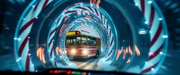 buss driving through a hollow candy cane tube