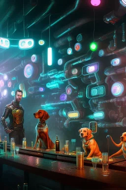 android dog and robots in a cyberpunk bar, digital art style. fantasy, volumetric lighting, particales, wide shot, cinamatic, Zack Snyder stlye