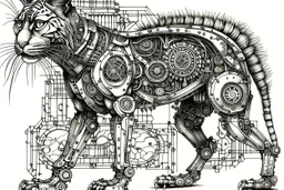 lynx, whole body. Style: cyborg, steampunk, cyberpunk, biomechanic. Technique: fine detailed etching black ink. Background: old moist dirty paper, technical schematics with pencil