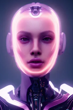 Beautiful futuristic cyborg girl portrait, dark, purple glow