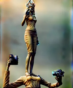 Statue of Queen of photography holding camera in hands. Cute blonde woman. Photographer in golden crown. Standing on the street. Big camera in her hand. hyperdetailed, photorealistic, trending on artstation, greg rutkowski, beksinski, kodachrome, volumetric lighting, gold and cyan