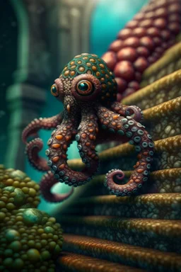 portrait of hairy octopus climbing a stone ladder, in the style of fantasy movies, photo-realistic, shot on Hasselblad h6d-400c, zeiss prime lens, bokeh like f/0.8, tilt-shift lens 8k, high detail, smooth render, down-light, unreal engine 5, cinema 4d, HDR, dust effect, vivid colors, smoke, dust, fireflies