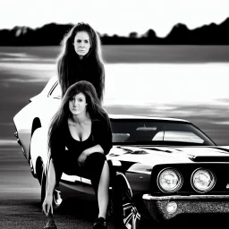 woman sitting on muscle car, sunset, black and white