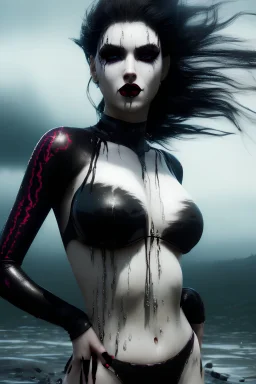 A beautiful Goth girl, dark black makeup, dark under eyes, white hair, action image of her braking water surface, freedom, dramatic, highly detailed, 8k, abstract