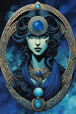 the symbol of an ancient Celtic female vampire coven , in the form of highly detailed triskele worked in lapis lazuli, aquamarine, and jade, with the all seeing eye at its center lapel pin, in the graphic novel style of Bill Sienkiewicz, Jean Giraud Moebius, and Enki Bilal