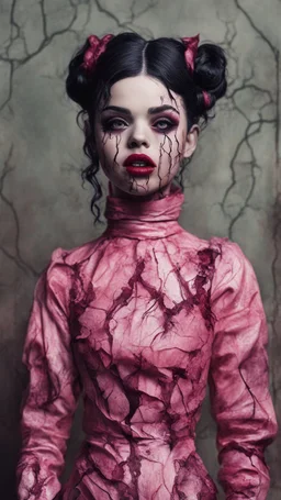 full color, illustration of a darkred and pink tones, menacing, Singer Melanie Martinez face, as a decayed, broken, skin turned translucent, black veins that extended like roots beneath her skin, latex suit, crude homemade cloth doll toy, with a narrow cracked porcelain face, thick dark eyebrows, hair in two gradually, made from ragged strips of cloth, in the style of Alex Pardee, Tim Burton, and Nadya Sheremet