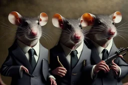 lifelike hairy rats in elegant suits and bow tie with guns (like in the pulp fiction)