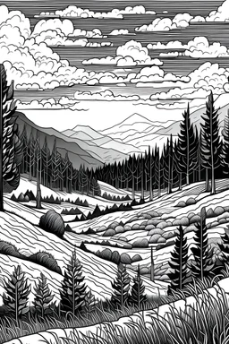 a colouring black and white illustration of a landscape