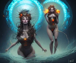 Four doll divine representing each one the four elements: Fire: Earth: Air: Water. Mark Brooks and Dan Mumford, comic book art, perfect, smooth elemental galactic space core. Detailed photograph, WLOP, Unreal Engine 5 volumetric lighting Insanely intricate face hair lashes hyper detailed painting by Ismail Inceoglu Huang Guangjian and Dan Witz Central fantasy art album cover art resolution HD