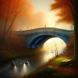 ultra realism, bridge over ravine in autumn, fantasy art, spray paint