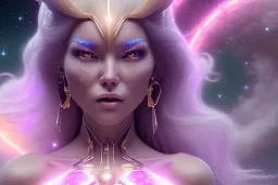  beautiful cosmic woman, nice smiling, magic glamour make up, delicate colors, beautiful glamour galactique dress, ultra sharp focus, 8k, unreal engine 5, extremely sharp detail, light effect, soft light atmosphere of a spaceship, smooth, full of details, face in front, complete face and hair and body