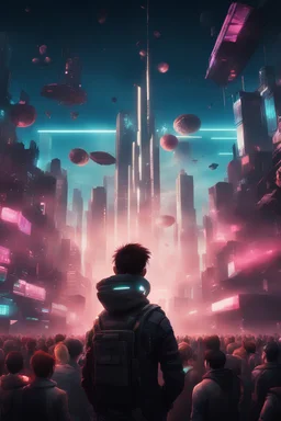 a crowd of people looking into the sky in a cyber neo punk world in 3D