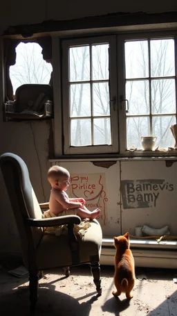 A baby sitting on eating chair in front of a big window in an abandoned damaged room , a cat out side the widow looking at him