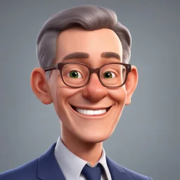 a portrait of smiling wise western man. 40 years old. caricature. gray short hair. light skin. wide forehead. big nose. light brown eye pupils. elips eyeglasses, thin silver frame. oblong face shape. wear navy blue formal dress. pixar style. 3D. 4k. portrait. highly detailed. sharp focus. high resolution. full color. cinema lighting. with food background