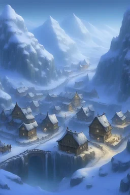 a little village at the bottom of a icy mountain