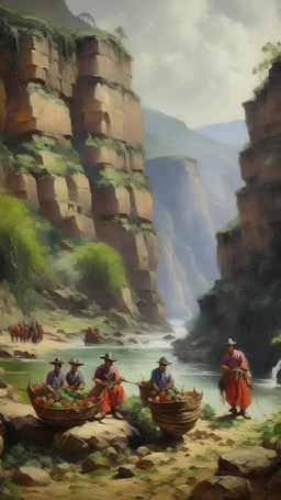 Gorges with grape harvesters painted by Zhang Lu