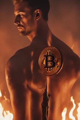 A Bitcoin logo is burned into the skin of a man by a branding iron. It's dramatic and happended in the moment, close view. The mark is on the mans inner forearm and It is still hot and steam can be seen from the burn mark. Super realistic, dramatic, 8k