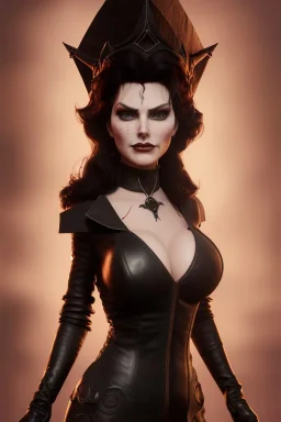 Amy Dumas as evil queen in black leather, leather, busty, cleavage, angry, rage, stern look. character design by cory loftis, fenghua zhong, ryohei hase, ismail inceoglu and ruan jia. unreal engine 5, artistic lighting, highly detailed, photorealistic, fantasy