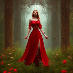 Girl with long red dress in a magic forest, fantasy style, surrealism, 8k