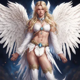 1man, solo, wings, navel, blue eyes, jewelry, long hair, looking at the viewer, earrings, white wings, thigh highs, feathered wings, angel wings, lips, hair ornament, blonde hair, midriff, white thigh highs, angel, cowboy shot, pointy ears, realistic, skirt, standing, masterpiece, top quality, best quality, 8k resolution