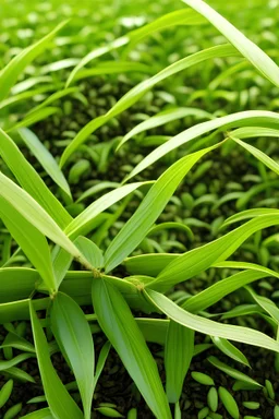 The rice grain and tea leaf, after growing, reach maturity from the ground. The rice yields golden clusters, while the tea produces beautiful green leaves.