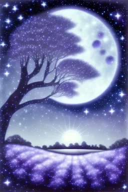 a background of softly blended blues, greys, silvers, purples, and whites with distant, twinkling stars in the sky, an a spherical serene moon, casting a soft glow of light on a foreground of a field of various flowers surrounding a tree of life