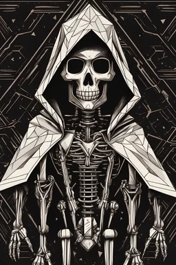 inside a diamond shape, skeleton retro robot in a black hooded cloak drawn in a retro cartoon style, in a diamond shape on a black background, monochromatic