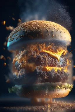 a burger turning into dust, extremely detailed dust particle details, natural colours, meticulously intricate perfectly symmetrical extremely detailed, pixiv daily ranking, pixiv, extreme depth of field, artstation, sculpture style, spectacular details, volumetric lighting, masterpiece, cinematic, Hollywood production, 8k resolution, high definition, max octane render, vivid colors, max resolution, unreal engine , max perfectionism, realistic composition, professional photography, max focus, mas