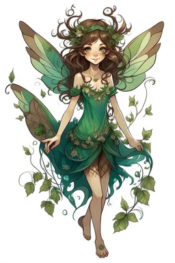Forest fairy with iridesand teal wings and a cute short leaf dress and pointed ears and multiple vine earings and ear cuffs flying through a mythical forestand brown wavy hair