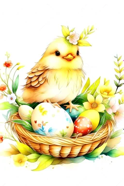 oil-painting boho,easter elements Clipart Design , a cute kawaii little chickhen in an cute Easter There will be soft wildflowers around the bow basket , Illustration, centered image, White Background , ultra detailed illustration, posing, (tetradic colors), whimsical, enchanting, fairy tale, (ink lines:1.1), strong outlines, bold traces, unframed, high contrast, (cel-shaded:1.1), vector, 32k resolution, best quality, flat colors, flat lights