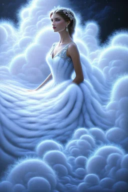 Steven Kenny style painting of a Stunningly Beautiful long haired woman wearing a white and blue gown made of fluffy clouds forming Fibonacci spirals. fantasy, surrealism, masterpiece, museum quality