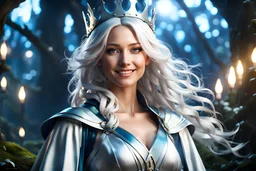 Highly detailed portrait of a beautifull fairy,smiling face with a wavy silver hair, blue eyes,light skin, wizard crown, cosmic robes, cinematic lighting, dramatic atmosphere, greg rutkowski, 4k resolution, nier:automata inspired, bravely default inspired, magical fairy background, wide canopies dominate the landscape,