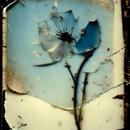 Postcard on an old scratched paper, flower, blur 15%, double exposure, merged layers, in the first part (near to us) of the picture you can see a plain sandblown bluish smoked glass, engraved with a folk art pattern, the glass is cracked in several places, in some places the glass is broken, crumpled burlap, through it you can see handwriting in the background, inkblot, white, gold