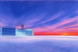 Sunset, winter, Futuristic buildings in the ice, tendency to science fiction, impressionism painting