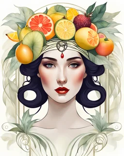 create an ethereal, illustration of a divine female with soft facial features and a seductive look on a plain white background surrounding her, in the style of CHARLES RENNIE MACKINTOSH, with a headpiece of tropical fruits, painted in a faded colors,