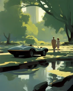 "Picnic in Central Park" by Syd Mead, stunning detail, muted tones, high resolution