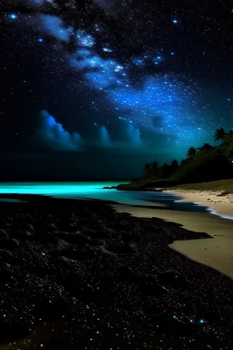 The beach of the island of Leela has its waters full of bright blue stars and dark black skies