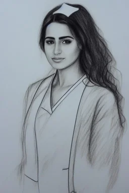 Pencil sketch of Young woman , nurse , Arab features,sad, long wavy hair, full body، on lined paper