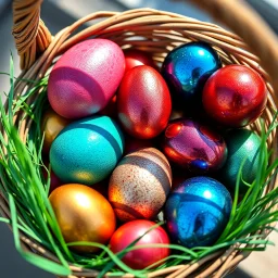 digital photograph of off-center modern basket colorful Easter eggs. eggs display intricate textures in azure, emerald, blush,red, crimson,gold, sapphire,metallic cinematic HDR backlighting highlights subtle dimples and glossy reflections, with shallow depth of field softening the sunlit background. hyperrealistic 8k resolution,