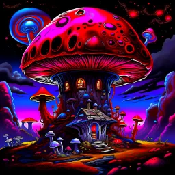 A fantabulous black, red, and blue (((mushroom tower house))) erected atop a (geologic pillar), surrounded by the uncanny imaginative ((( swirling skies))), offset by the stark hues of a (neon-tinged nebulous space scape), within. captured by the hand a skilled master painter with a focus on (softly blurred compositions and voluminous lighting).