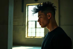 half portrait, a young cyberpunk man in black shirt with a mohawk standing in a large room with a window, man's short dark hair with shaved sides, partially visible face, dramatic light and shadows, shadow cast on a concrete pillar, dynamic hair movement, cinematic, dynamic, dramatic, amazing reflections, excellent shadows, perfect contrast, filmstill, behind bars, profile, side view, worn and textured walls, muted green and beige color tones, kpop style colors, industrial setting, tall concret