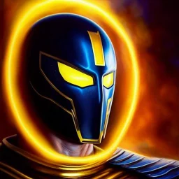 ultra detailed fullbody Portrait in oil on canvas of Dr. Fate with the Helm of Nabu ,intense stare,extremely detailed digital painting, extremely detailed face, Glowing red eyes, mystical colors ,perfectly centered image, perfect composition,rim light, beautiful lighting, 8k, stunning scene,extremely sharp detail, finely tuned detail, ultra high definition raytracing, in the style of Simon Bisley and robert e howard and Luis Royo and and Ohrai Noriyoshi