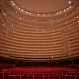 a single chair on stage under spotlight at a dark and empty symphony hall