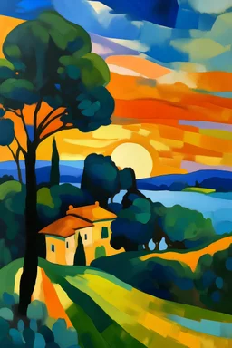 Sunset over south of France in the style of Cezanne