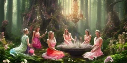 group of beautiful ladies in colourful dresses meditating in an enchanted forest with a spring like chalice well at night, candles in the trees