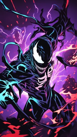 Mix between venom symbiote and Reaper in solo leveling shadow style with neon glowing blue